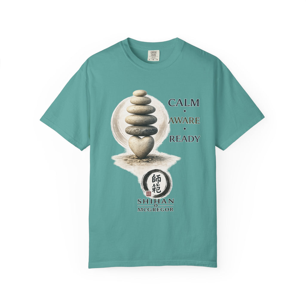 Calm Aware Ready T-Shirt — Zen Stone Stack Martial Arts Tee