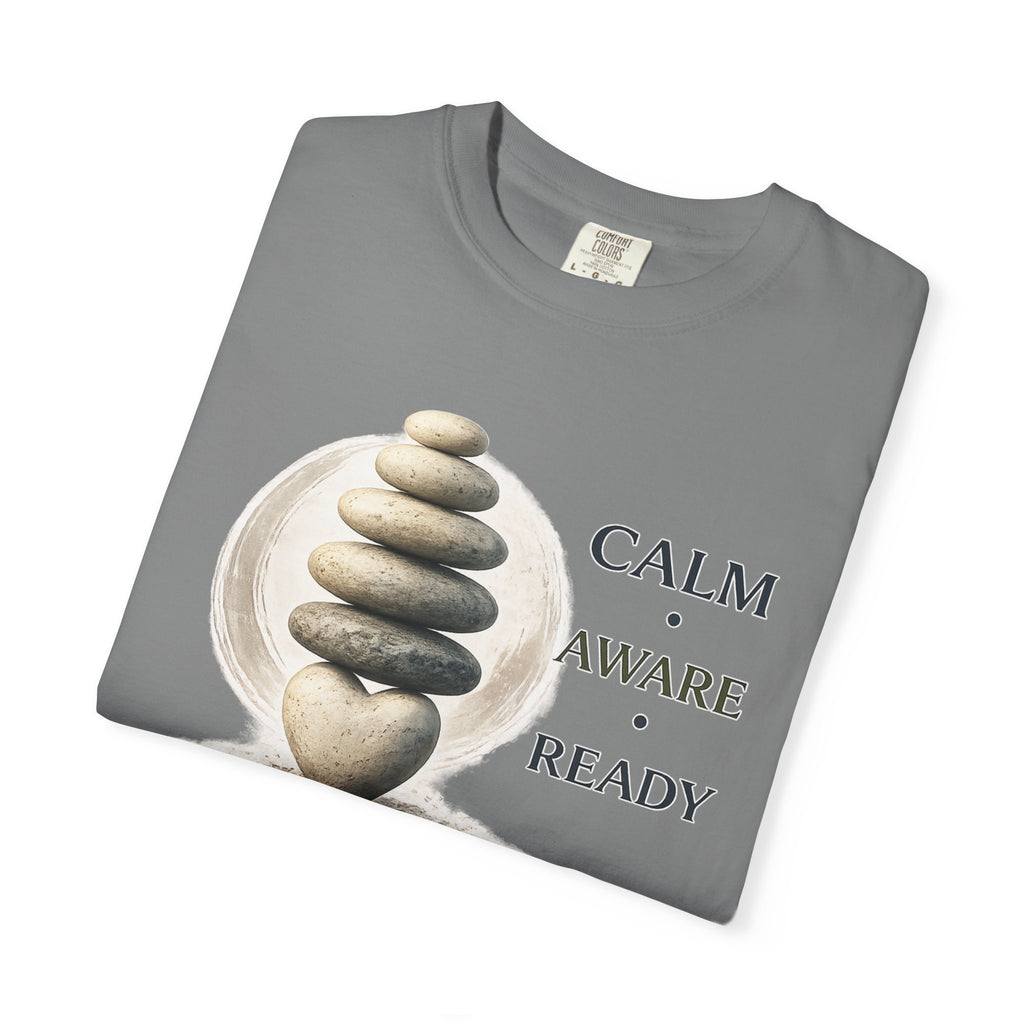 Calm Aware Ready T-Shirt — Zen Stone Stack Martial Arts Tee