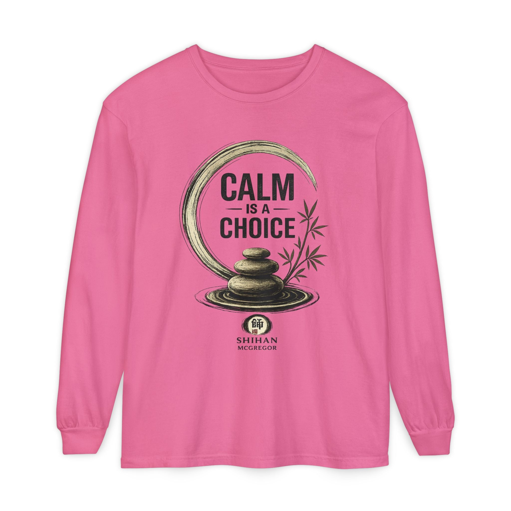 Calm Is a Choice Long Sleeve Tee — Zen Stack Stones & Bamboo Relaxation Shirt