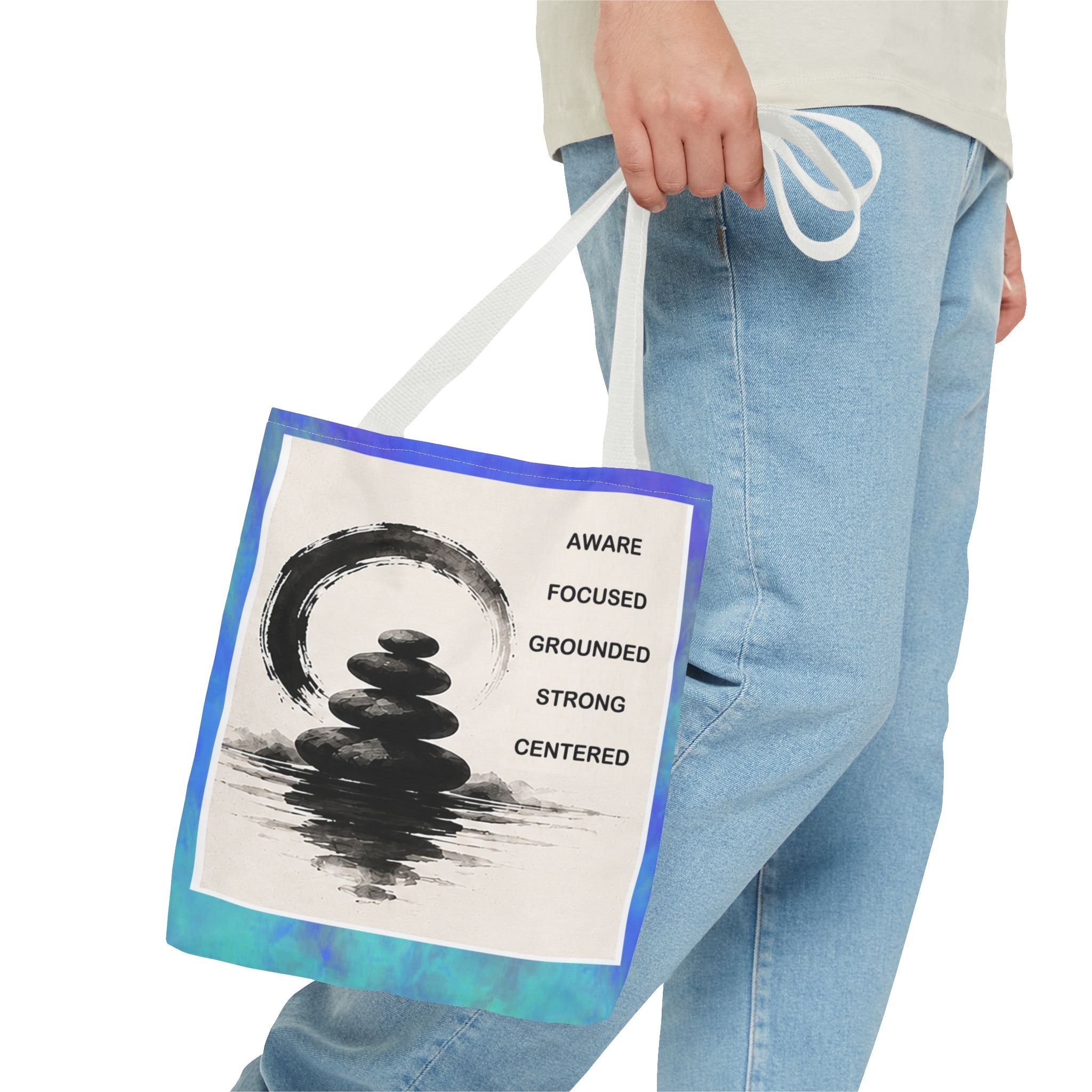 Zen Stones Tote Bag — Aware, Focused, Grounded Inspirational Canvas Tote