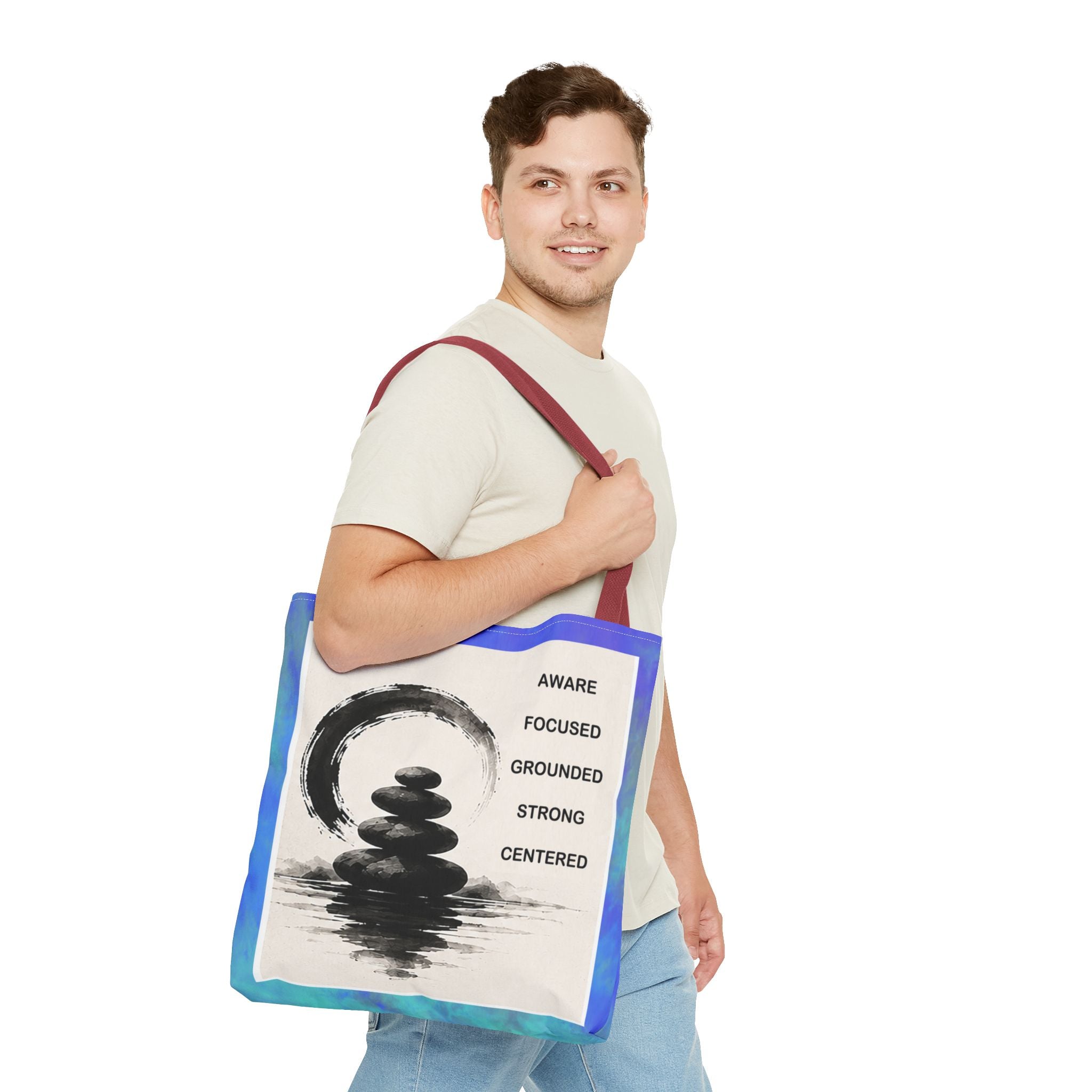 Zen Stones Tote Bag — Aware, Focused, Grounded Inspirational Canvas Tote