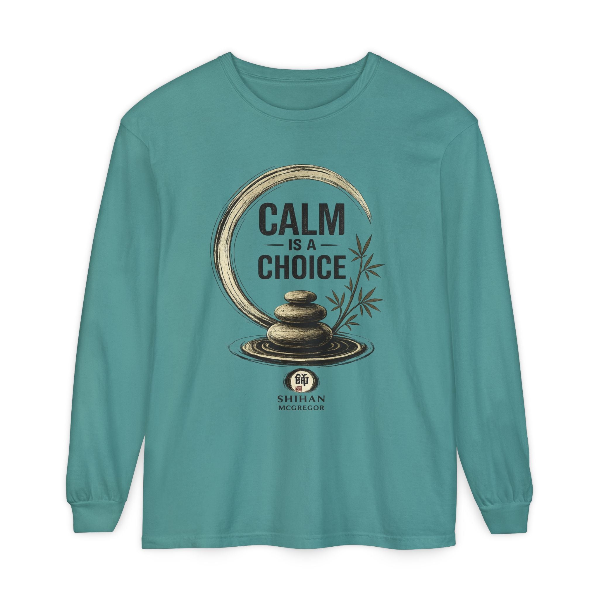 Calm Is a Choice Long Sleeve Tee — Zen Stack Stones & Bamboo Relaxation Shirt