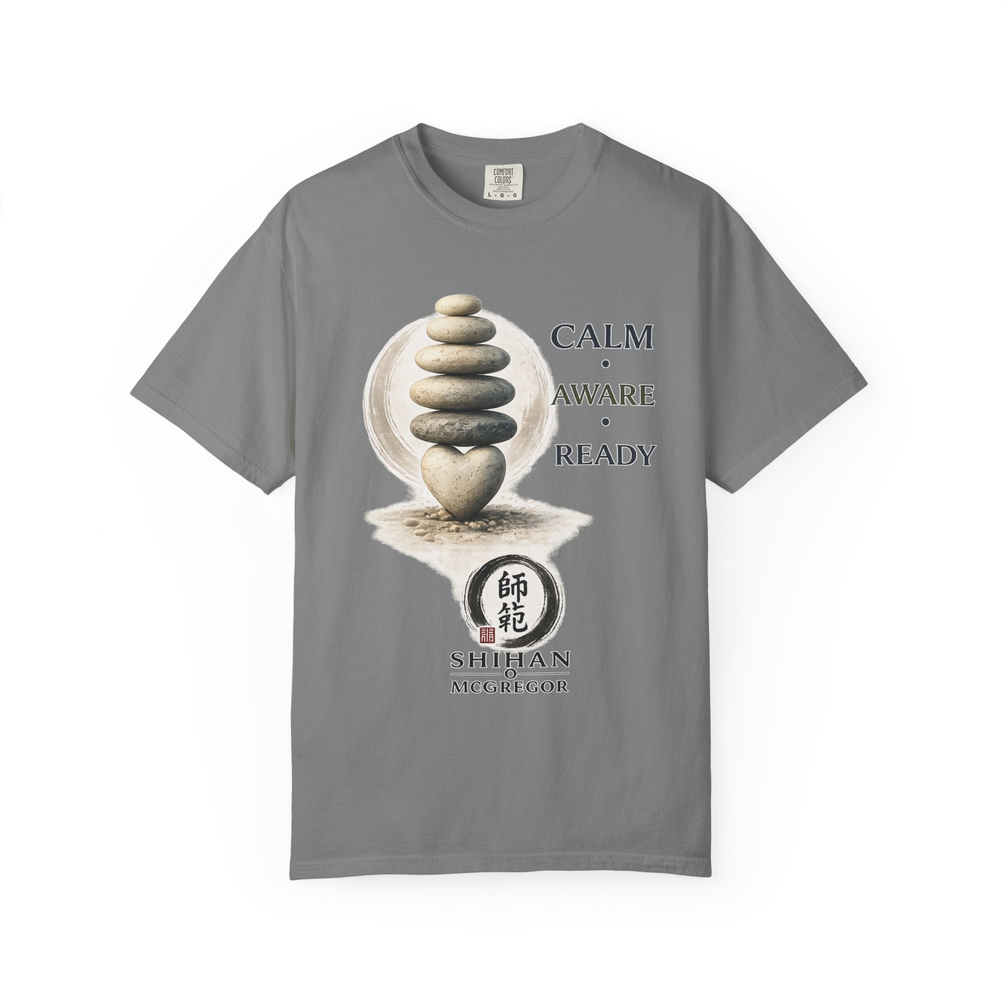 Calm Aware Ready T-Shirt — Zen Stone Stack Martial Arts Tee
