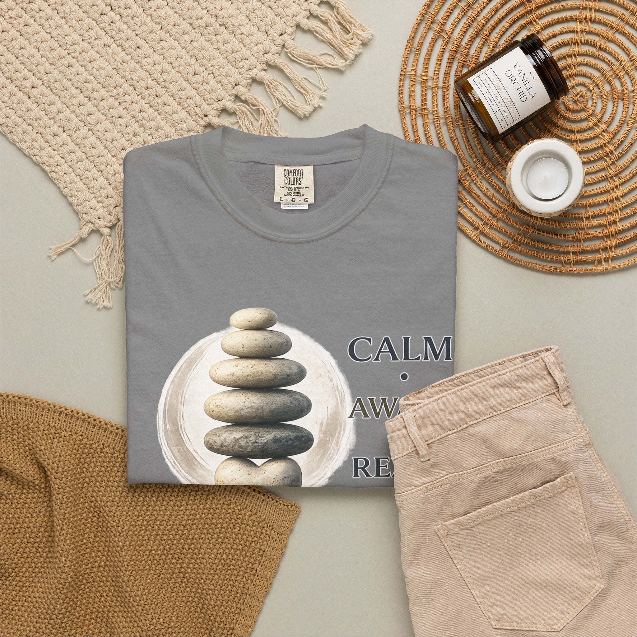 Calm Aware Ready T-Shirt — Zen Stone Stack Martial Arts Tee