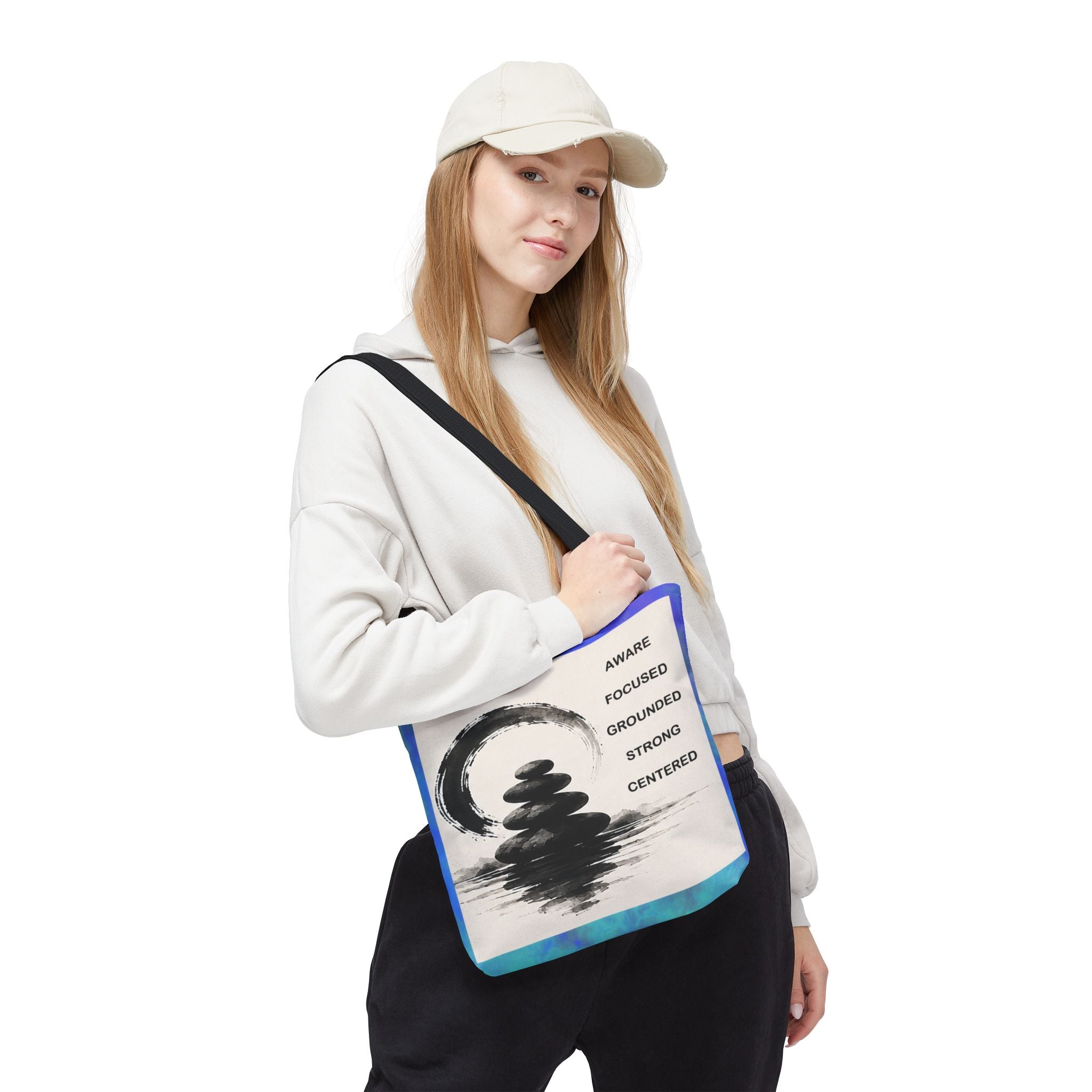 Zen Stones Tote Bag — Aware, Focused, Grounded Inspirational Canvas Tote