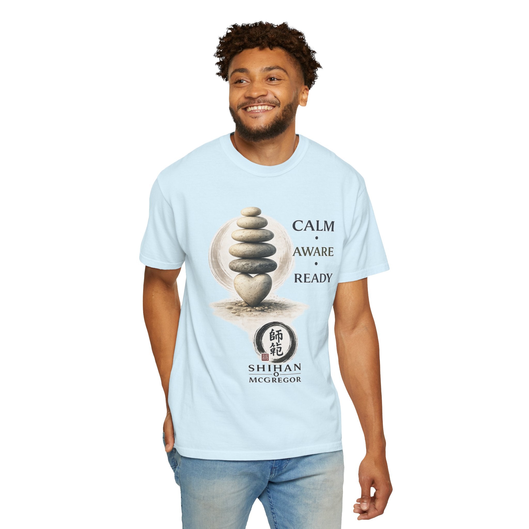 Calm Aware Ready T-Shirt — Zen Stone Stack Martial Arts Tee