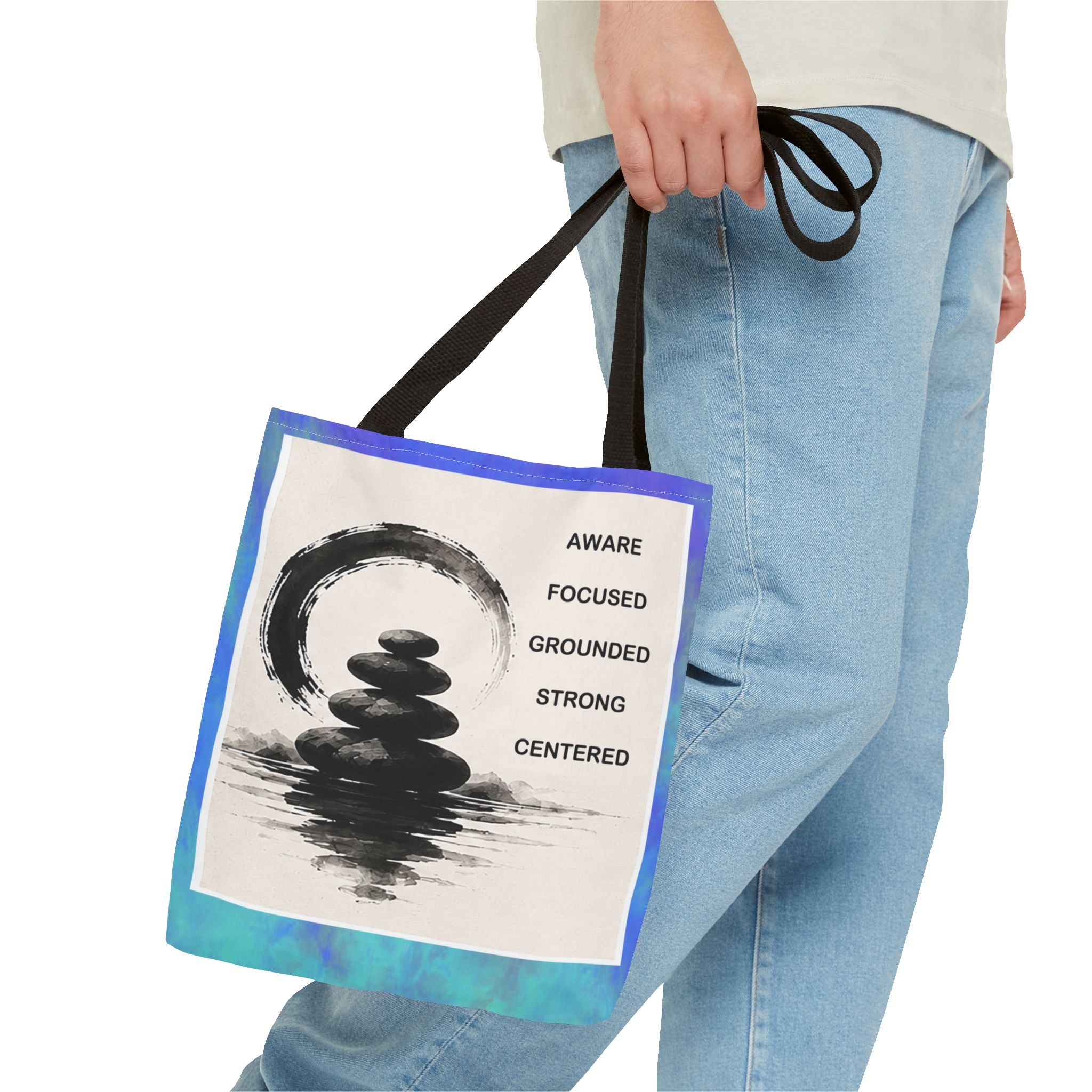 Zen Stones Tote Bag — Aware, Focused, Grounded Inspirational Canvas Tote