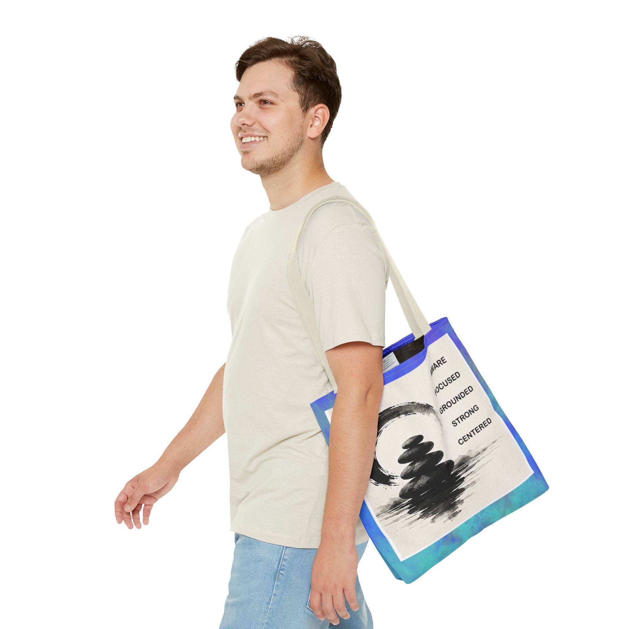 Zen Stones Tote Bag — Aware, Focused, Grounded Inspirational Canvas Tote