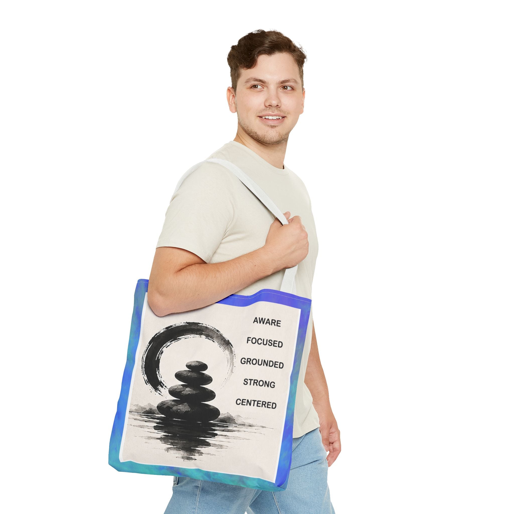 Zen Stones Tote Bag — Aware, Focused, Grounded Inspirational Canvas Tote
