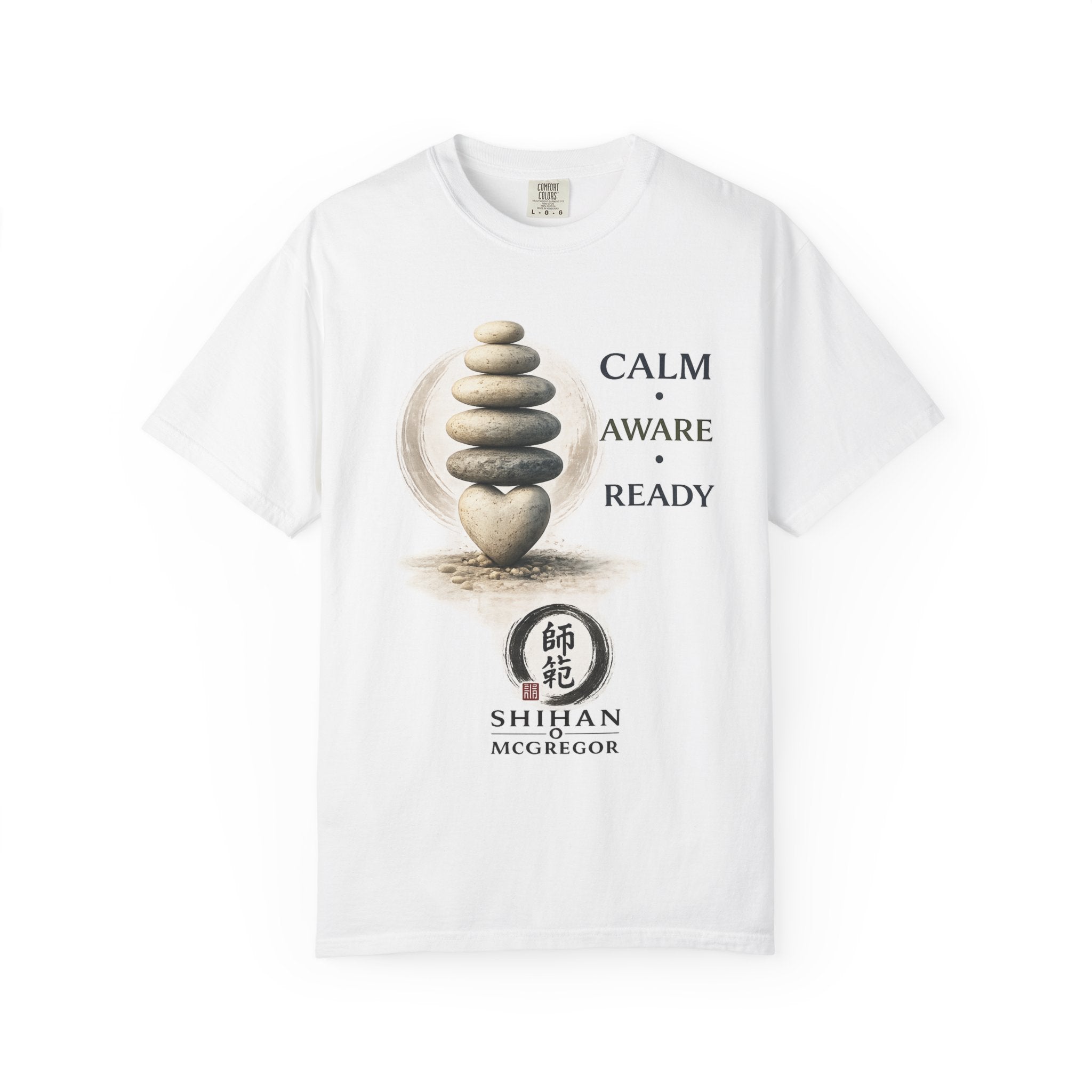Calm Aware Ready T-Shirt — Zen Stone Stack Martial Arts Tee