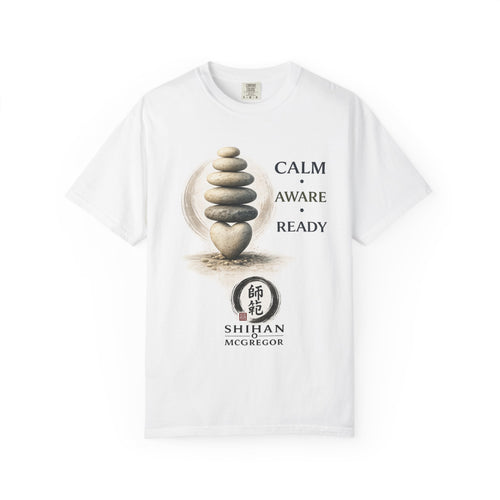Calm Aware Ready T-Shirt — Zen Stone Stack Martial Arts Tee