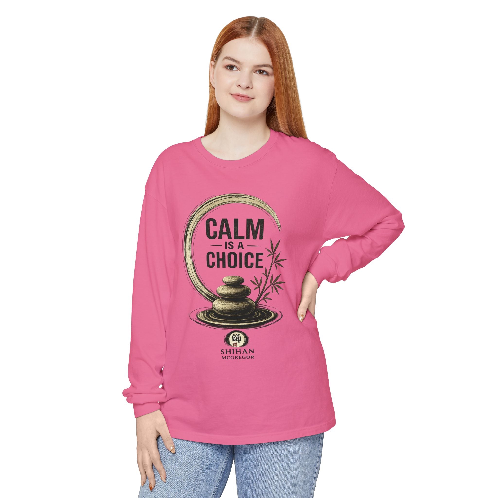 Calm Is a Choice Long Sleeve Tee — Zen Stack Stones & Bamboo Relaxation Shirt