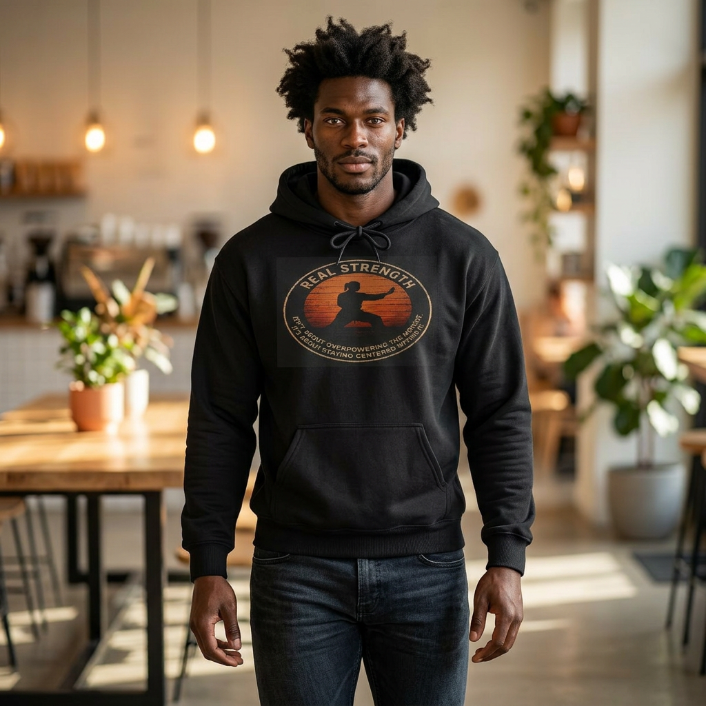 Centered & Strong Hoodie — Karate Silhouette Retro Sunset Sweatshirt