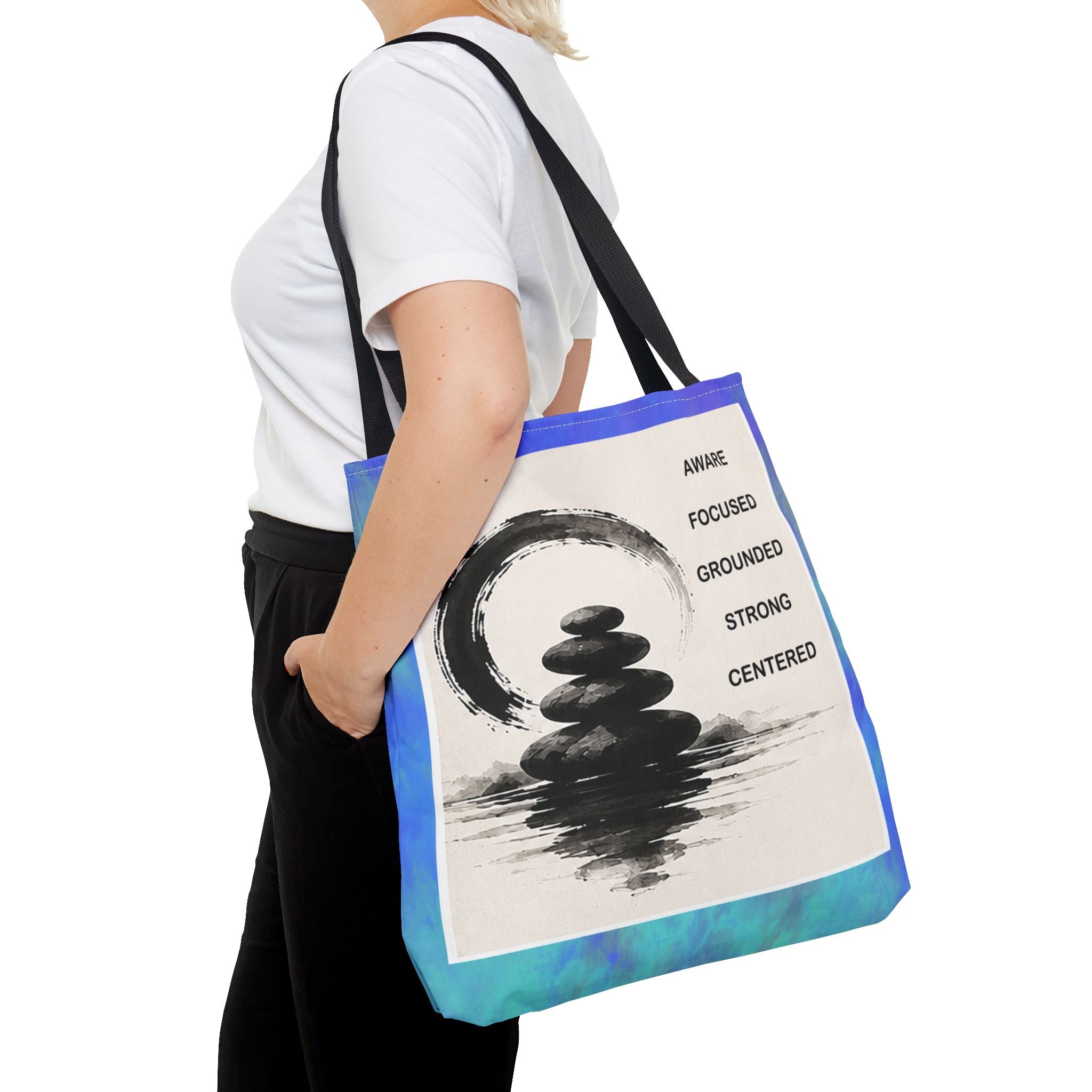 Zen Stones Tote Bag — Aware, Focused, Grounded Inspirational Canvas Tote
