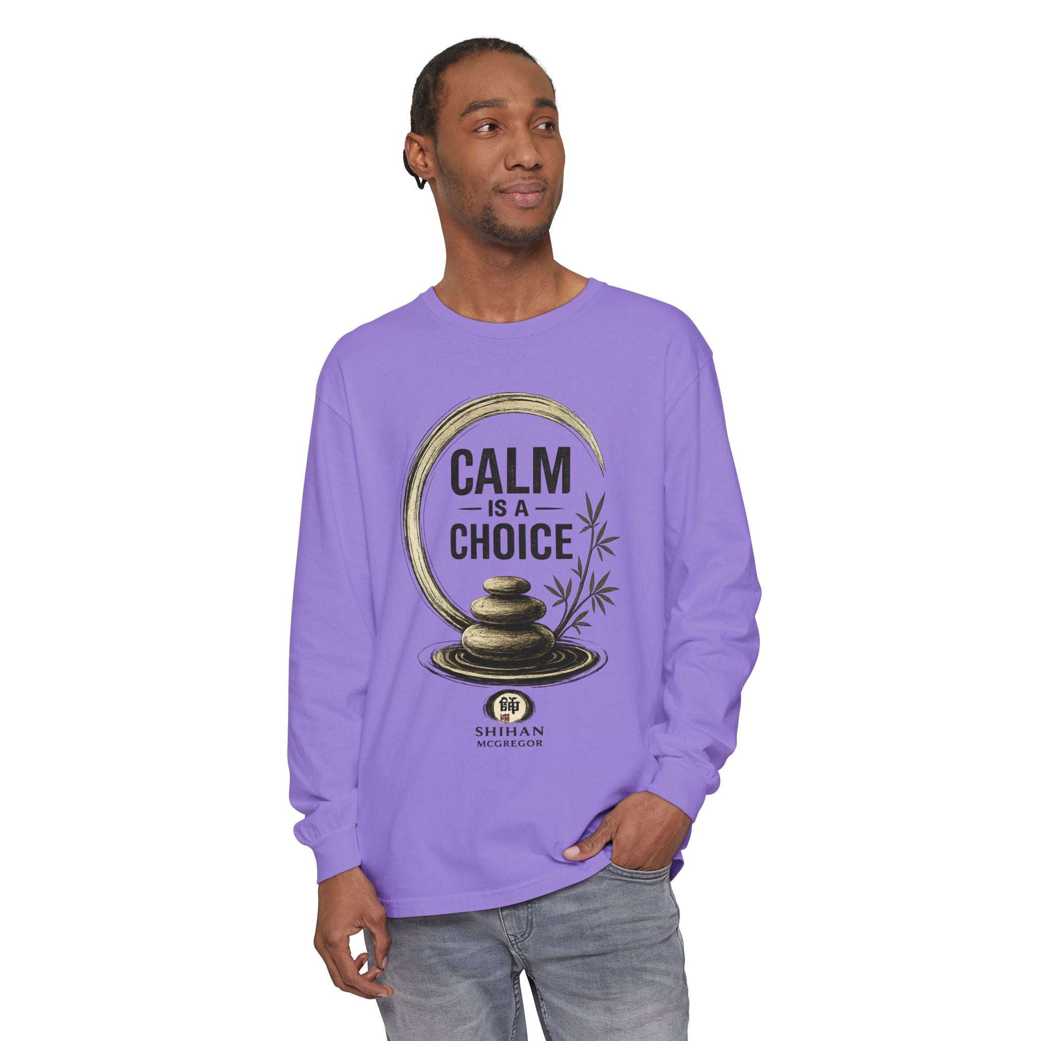 Calm Is a Choice Long Sleeve Tee — Zen Stack Stones & Bamboo Relaxation Shirt
