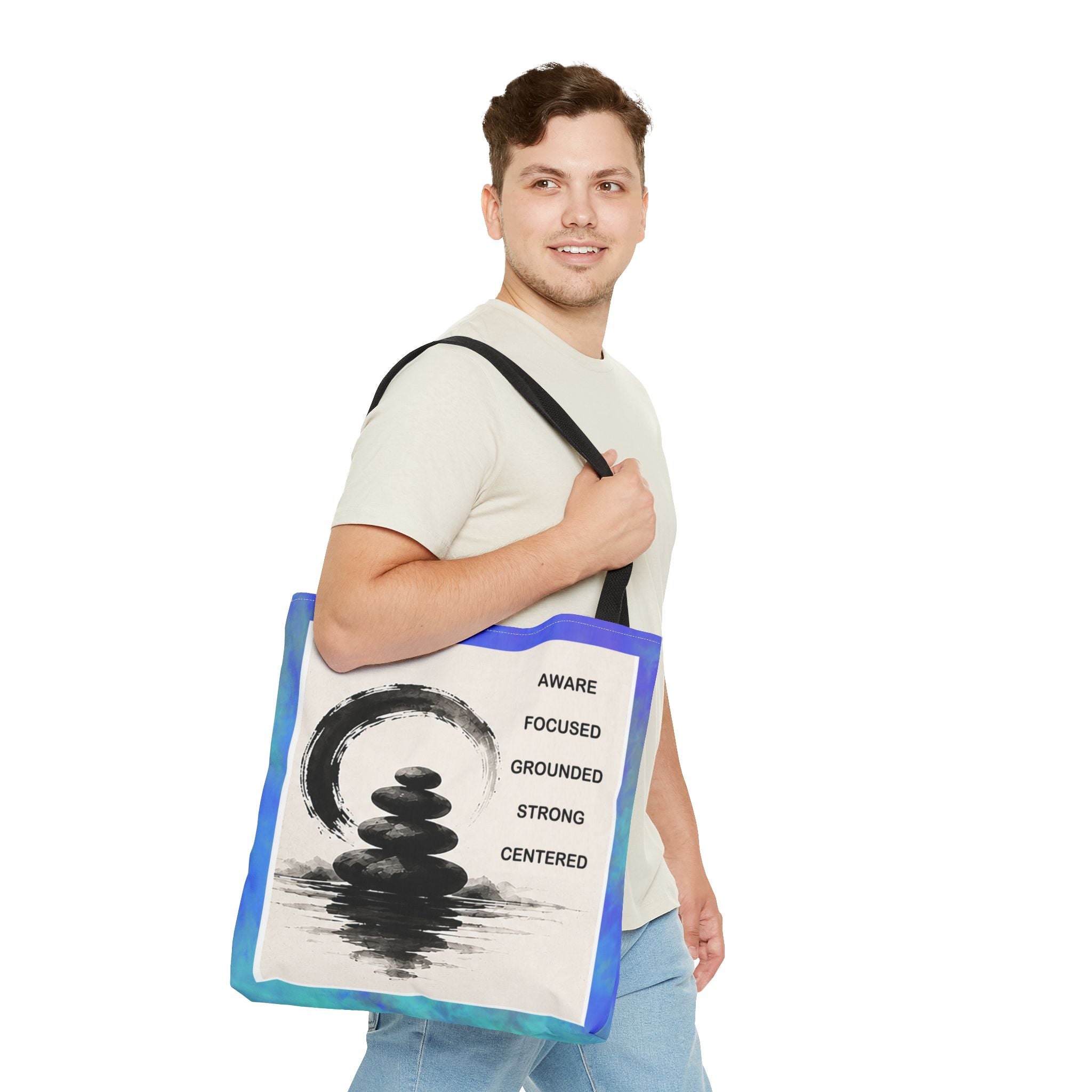 Zen Stones Tote Bag — Aware, Focused, Grounded Inspirational Canvas Tote