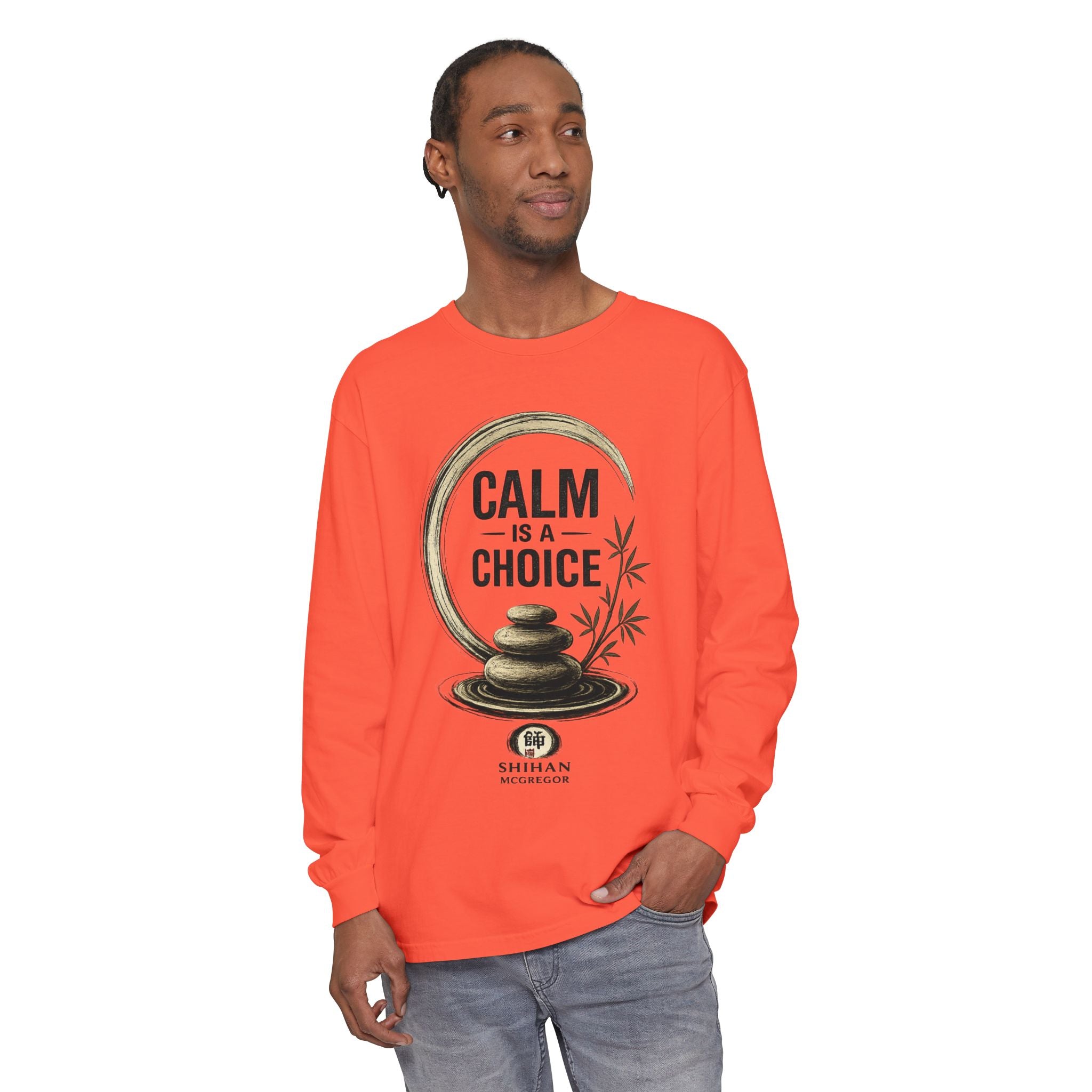 Calm Is a Choice Long Sleeve Tee — Zen Stack Stones & Bamboo Relaxation Shirt