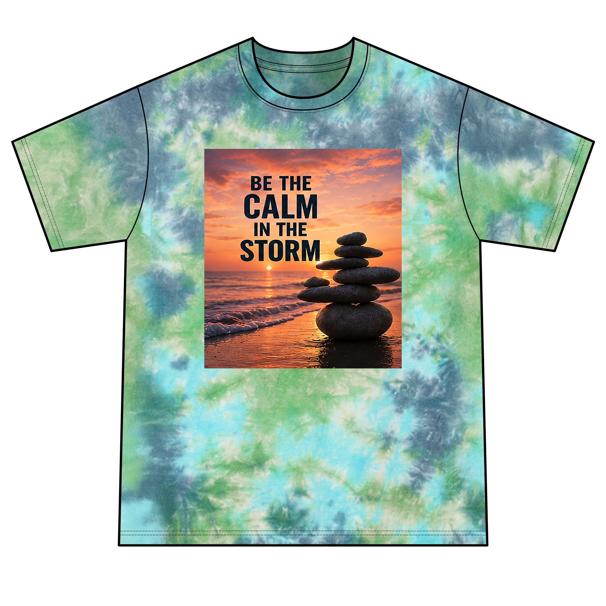 Calm in the Storm Tie-Dye Tee — Zen Stack Sunset Graphic