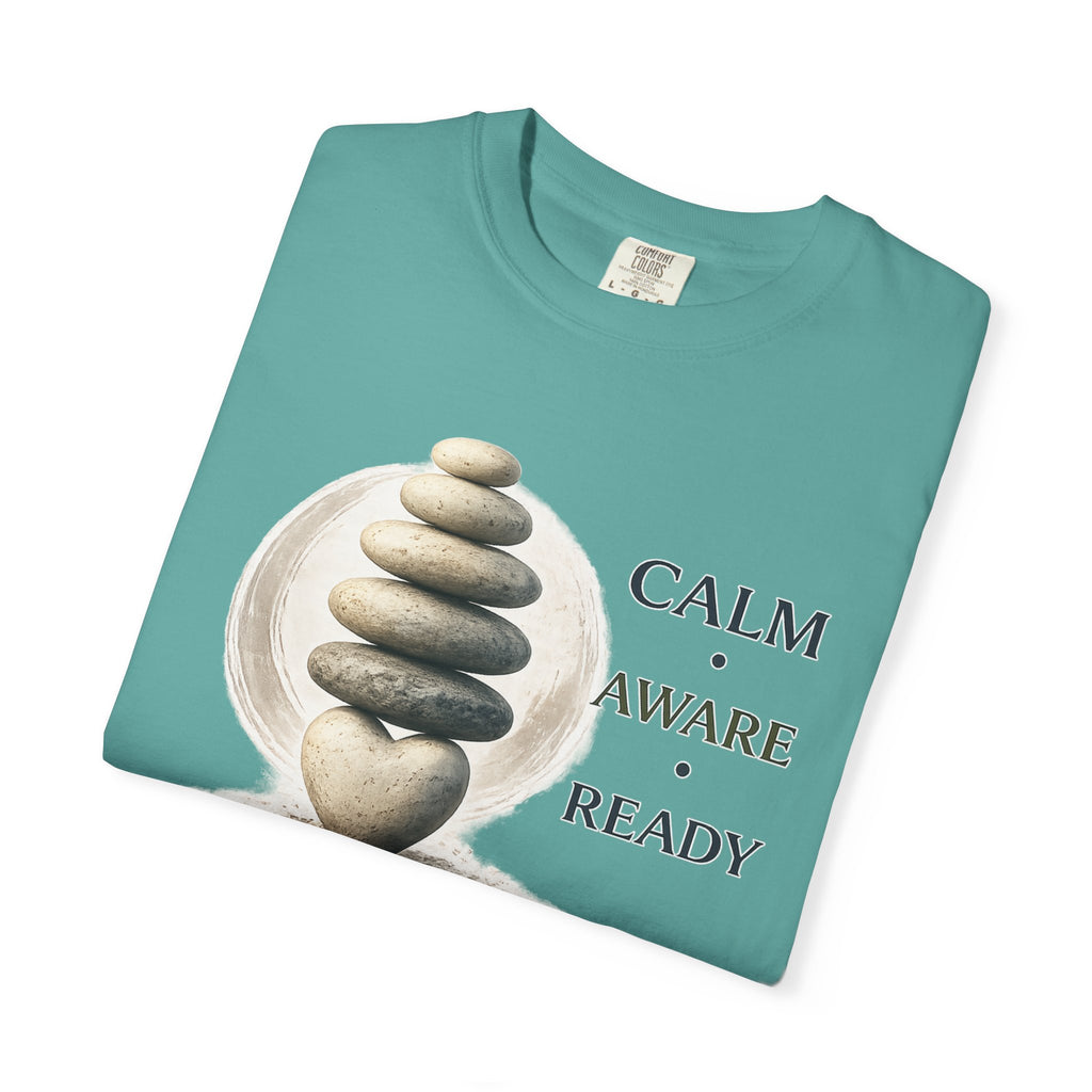 Calm Aware Ready T-Shirt — Zen Stone Stack Martial Arts Tee