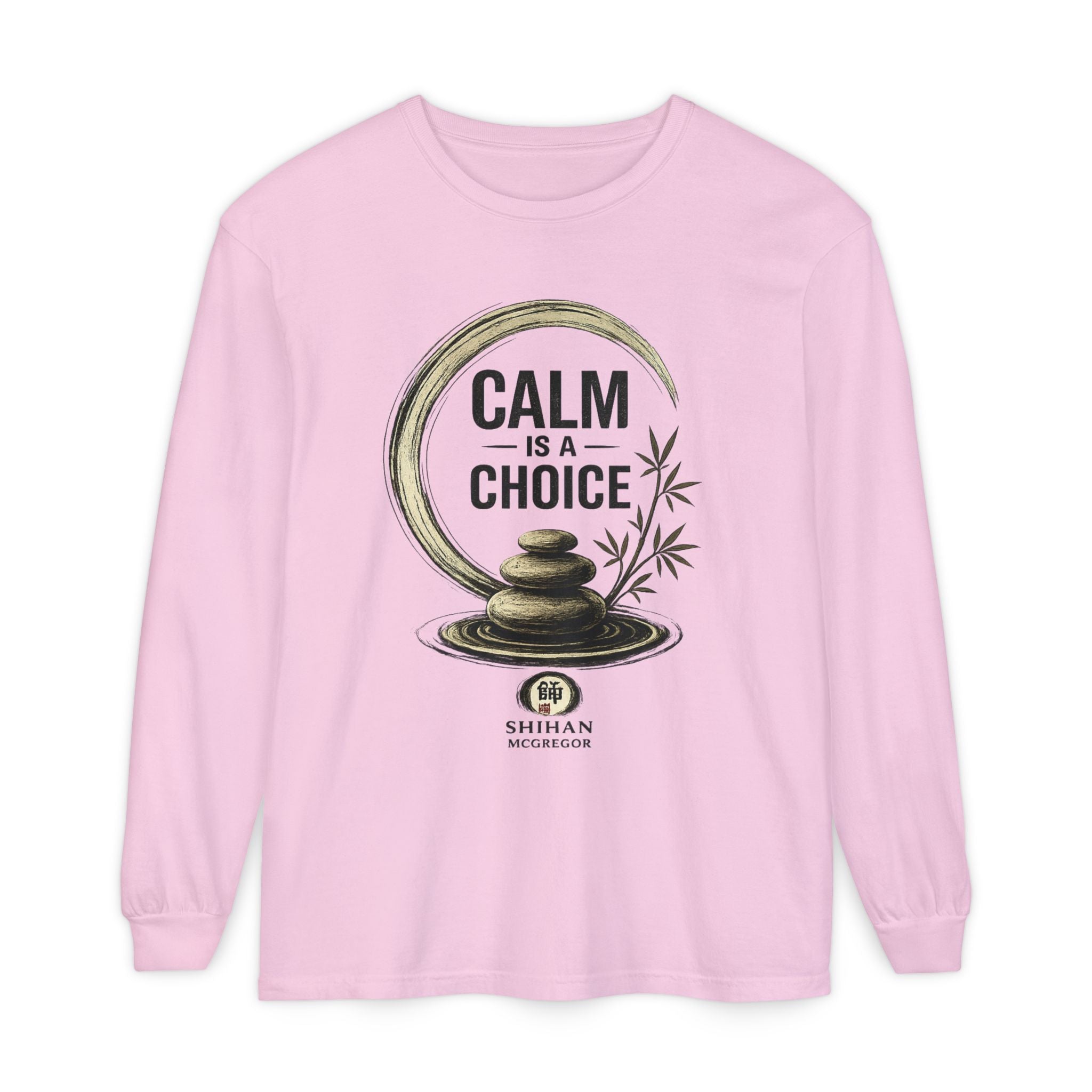Calm Is a Choice Long Sleeve Tee — Zen Stack Stones & Bamboo Relaxation Shirt