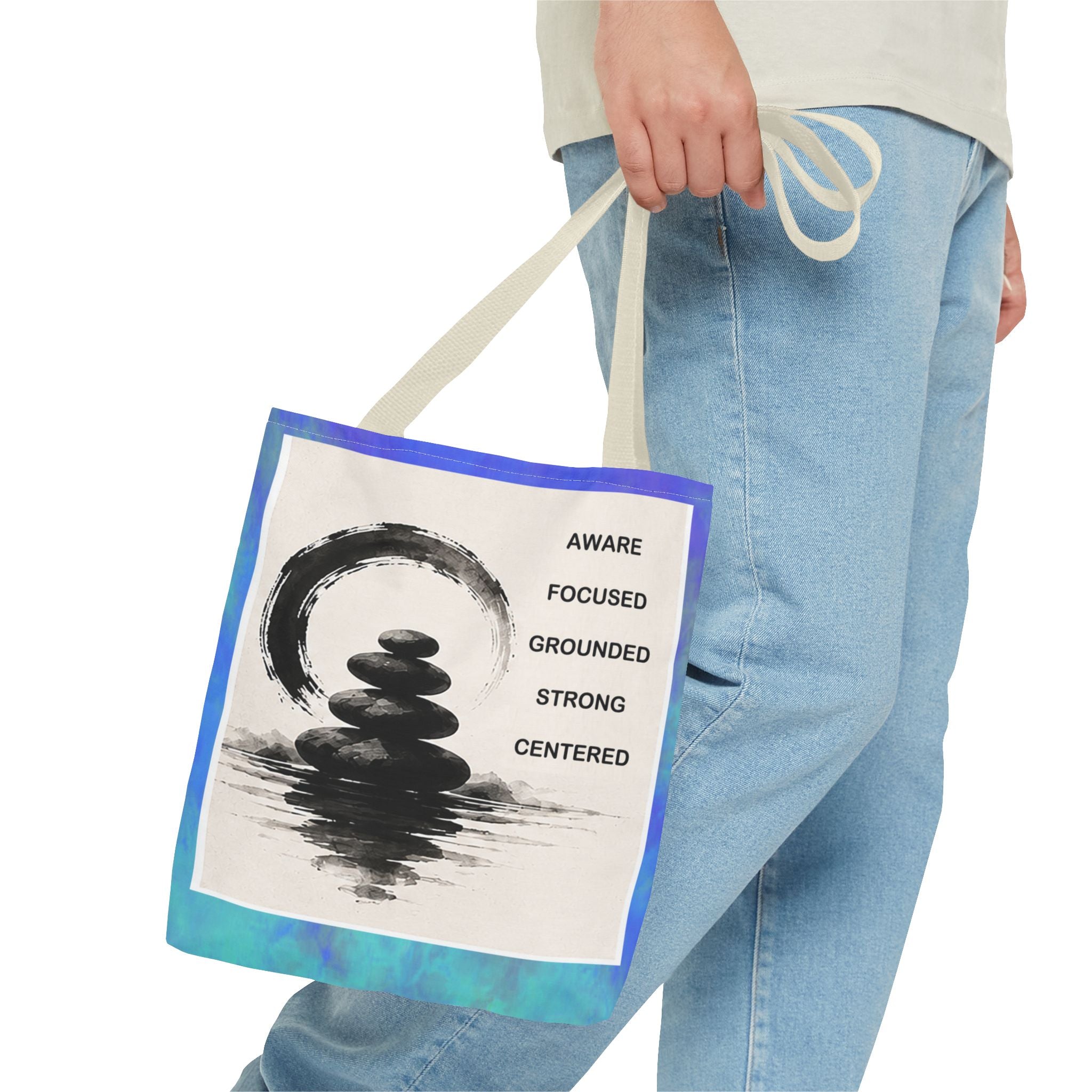 Zen Stones Tote Bag — Aware, Focused, Grounded Inspirational Canvas Tote