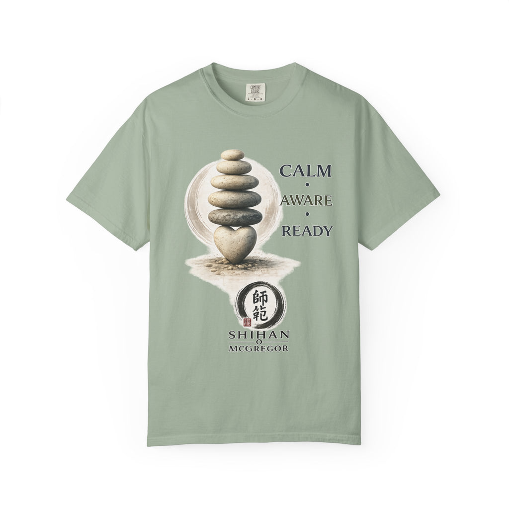 Calm Aware Ready T-Shirt — Zen Stone Stack Martial Arts Tee