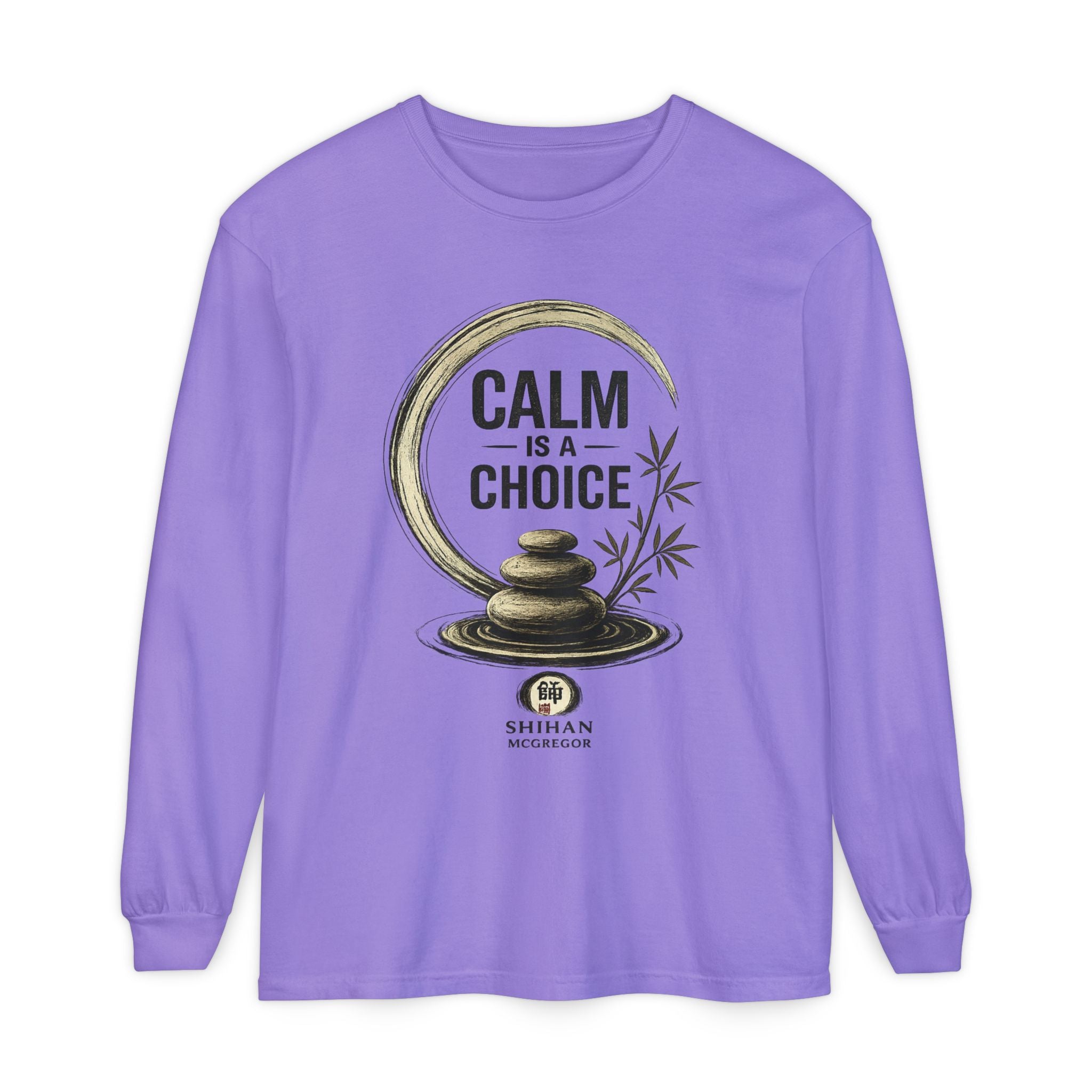 Calm Is a Choice Long Sleeve Tee — Zen Stack Stones & Bamboo Relaxation Shirt